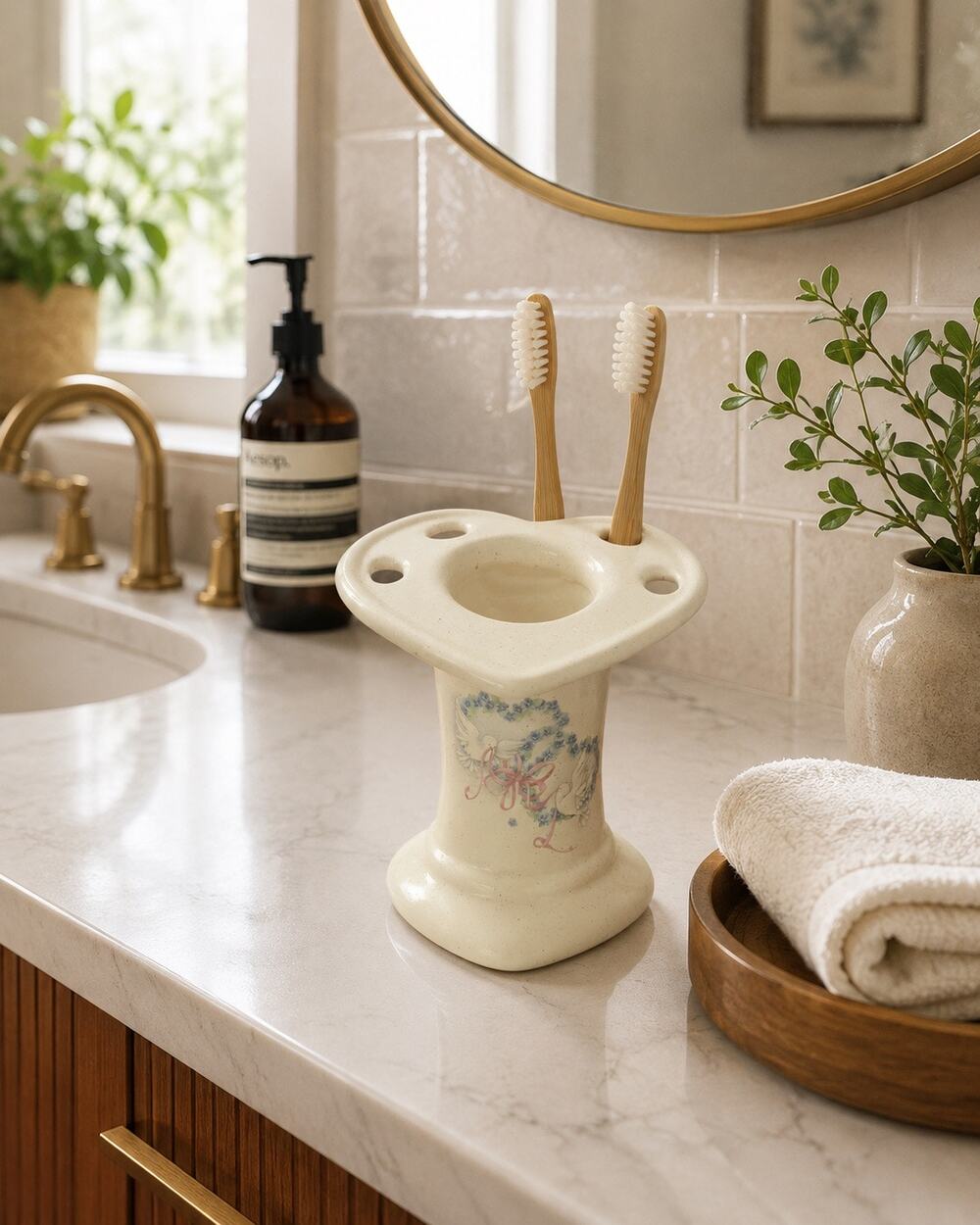 Heart-shaped top rim ceramic toothbrush/toothpaste holder cottage core vibes